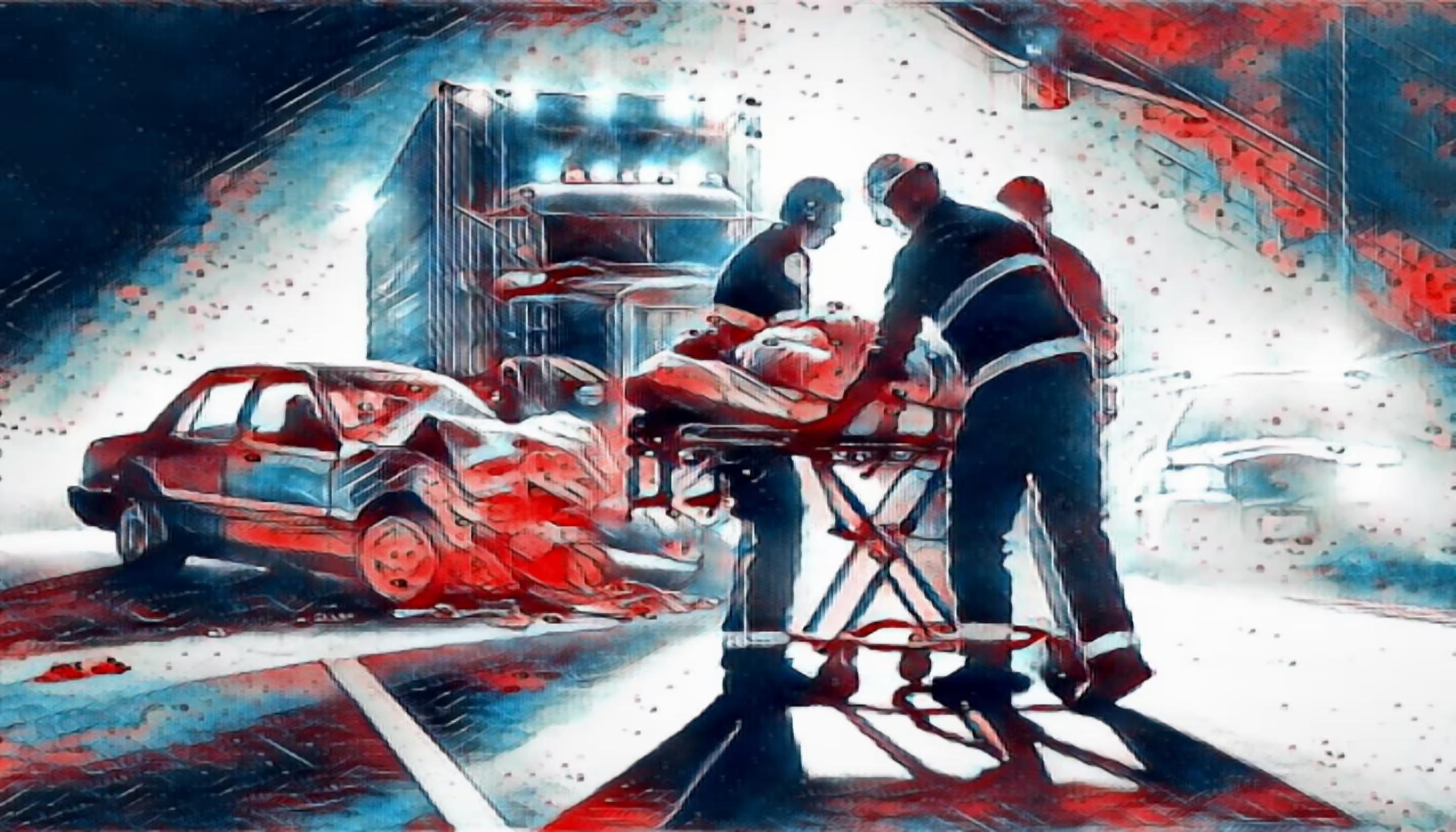 A passenger suffering injuries from a truck accident being transported by EMT responders