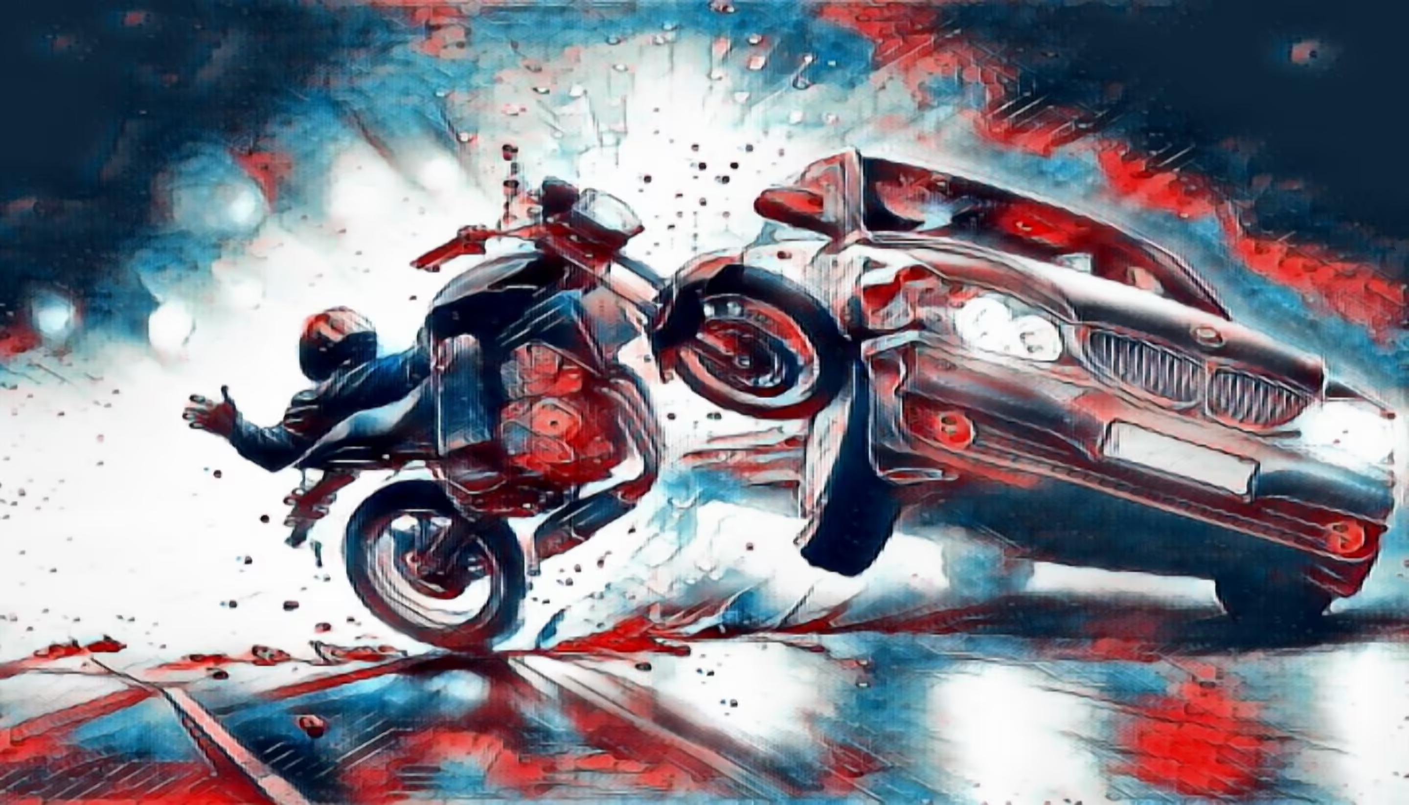 A motorcycle colliding with a passenger car as a result of driver error